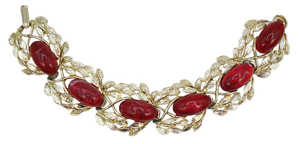 Chunky Leafy Link Bracelet Gold Tone Acrylic Ruby Flawed Cabochons