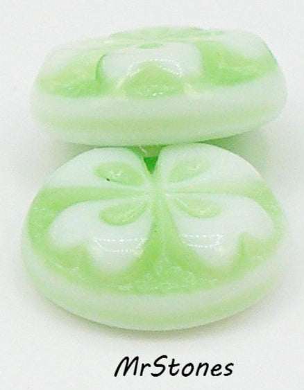 9mm (8.7mm) Round Cabochon Green with White 4 Leaf Clover Flower West German