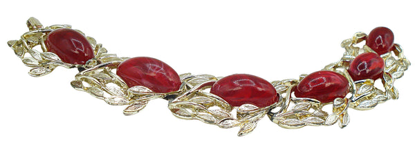 Chunky Leafy Link Bracelet Gold Tone Acrylic Ruby Flawed Cabochons