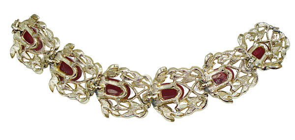 Chunky Leafy Link Bracelet Gold Tone Acrylic Ruby Flawed Cabochons
