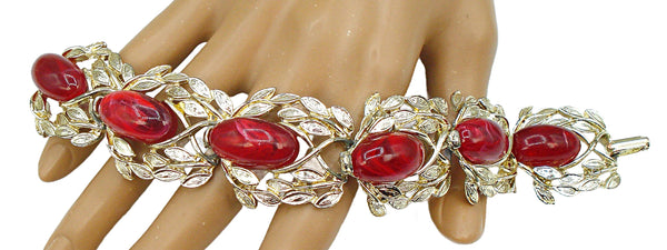 Chunky Leafy Link Bracelet Gold Tone Acrylic Ruby Flawed Cabochons