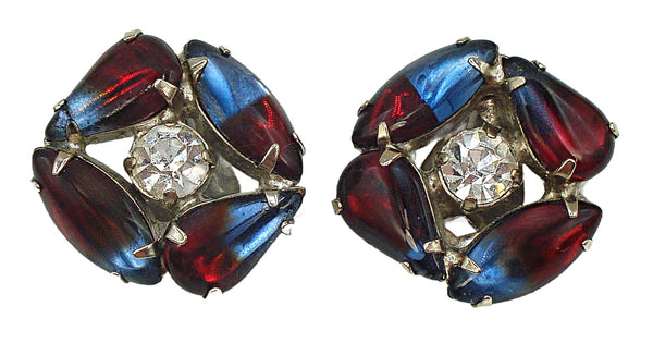 Bi-Color Earrings Light Sapphire Ruby Silver Tone