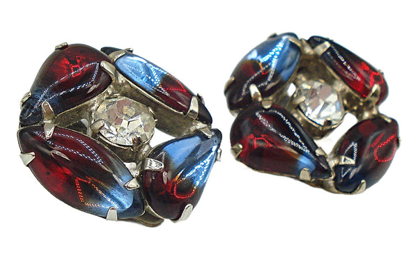 Bi-Color Earrings Light Sapphire Ruby Silver Tone