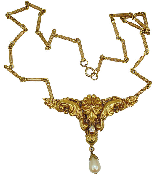 Victorian Revival Necklace Ornate Gold Tone Pearl Dangle 19" x 2 1/8"