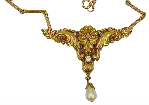 Victorian Revival Necklace Ornate Gold Tone Pearl Dangle 19" x 2 1/8"