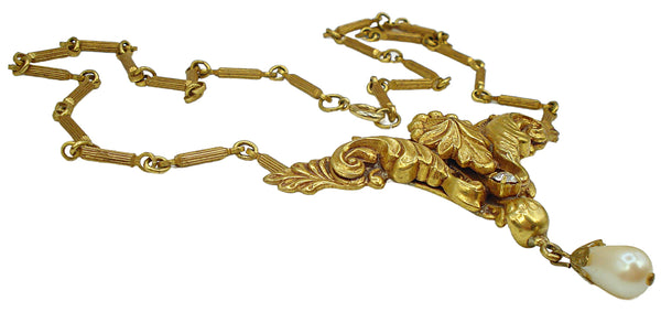 Victorian Revival Necklace Ornate Gold Tone Pearl Dangle 19" x 2 1/8"