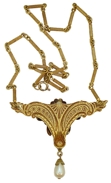 Victorian Revival Necklace Ornate Gold Tone Pearl Dangle 19" x 2 1/8"