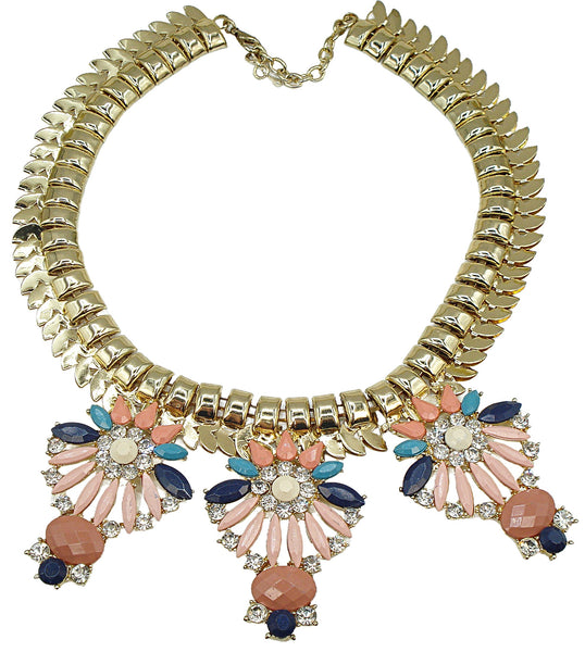 Necklace Statement Weighty Gold Tone Assorted Rhinestones Peach Blue