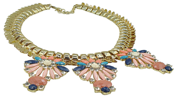 Necklace Statement Weighty Gold Tone Assorted Rhinestones Peach Blue
