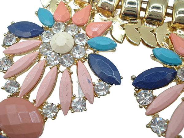 Necklace Statement Weighty Gold Tone Assorted Rhinestones Peach Blue