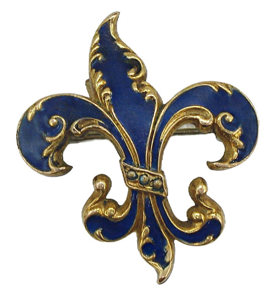 1 1/4" Fleur de Lis 1 1/4" Pin Pendant Gold Tone Darker Blue Enamel