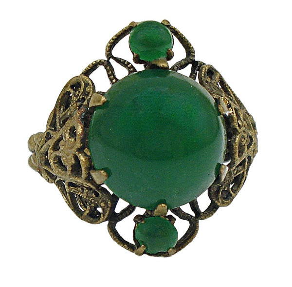 Victorian Revival Ring Gold Tone Filigree 1/2" Dome Glass Chrysophase
