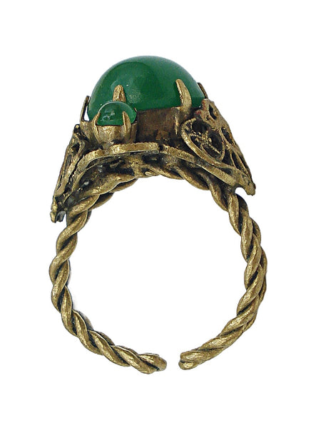 Victorian Revival Ring Gold Tone Filigree 1/2" Dome Glass Chrysophase