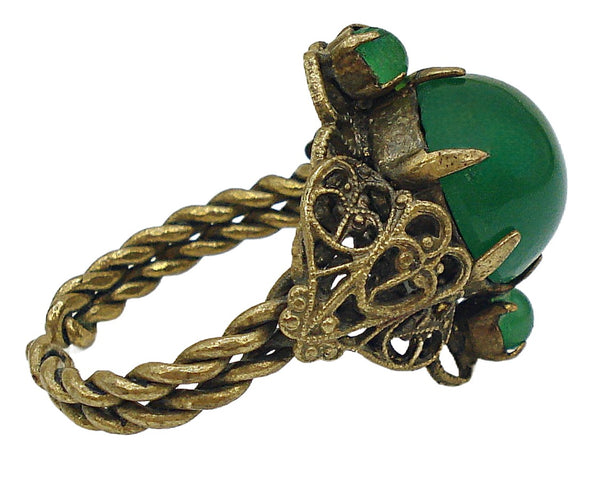 Victorian Revival Ring Gold Tone Filigree 1/2" Dome Glass Chrysophase