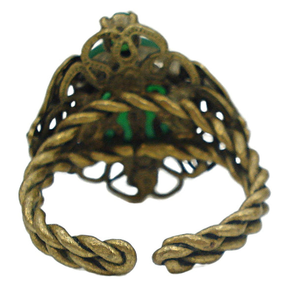Victorian Revival Ring Gold Tone Filigree 1/2" Dome Glass Chrysophase