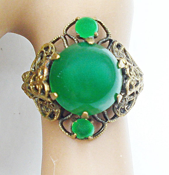 Victorian Revival Ring Gold Tone Filigree 1/2" Dome Glass Chrysophase