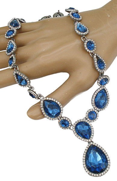 Necklace Silver Tone Montana Sapphire Crystal Rhinestone Trim