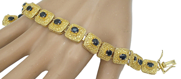 Bracelet Detailed Gold Tone Square Links Prong Set Black Rhinestones 7"