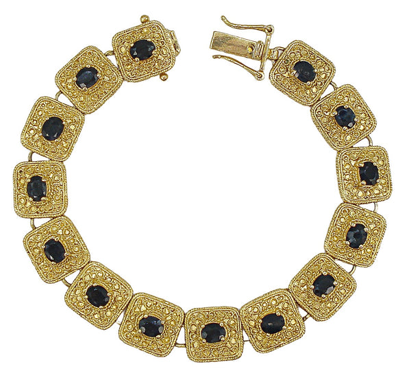 Bracelet Detailed Gold Tone Square Links Prong Set Black Rhinestones 7"