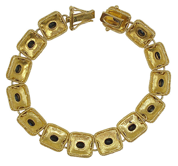 Bracelet Detailed Gold Tone Square Links Prong Set Black Rhinestones 7"