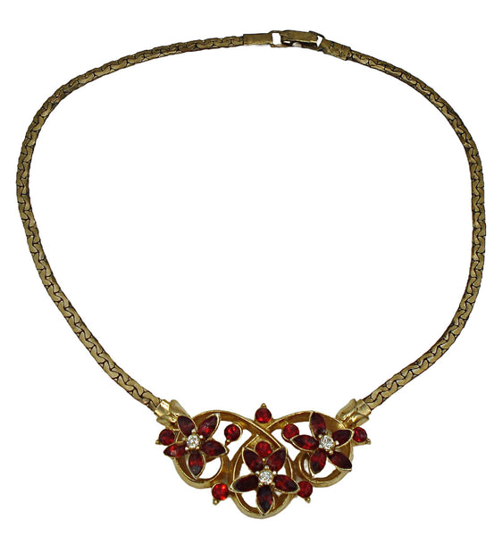 Necklace Choker Style Gold Tone Siam Crystal Rhinestone Flowers 15"x1"