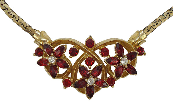 Necklace Choker Style Gold Tone Siam Crystal Rhinestone Flowers 15"x1"