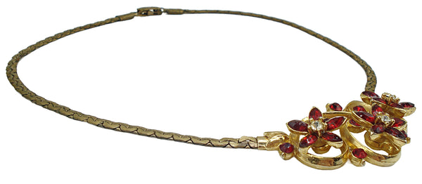 Necklace Choker Style Gold Tone Siam Crystal Rhinestone Flowers 15"x1"