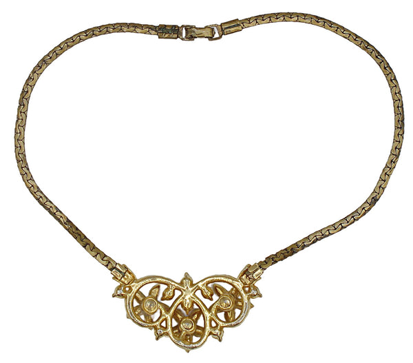 Necklace Choker Style Gold Tone Siam Crystal Rhinestone Flowers 15"x1"