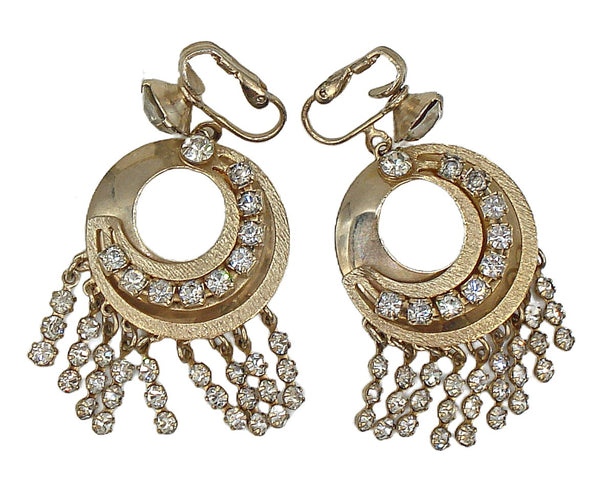 2" Earrings Clip On Gold Tone Crystal Rhinestone Chain 9 Dangles