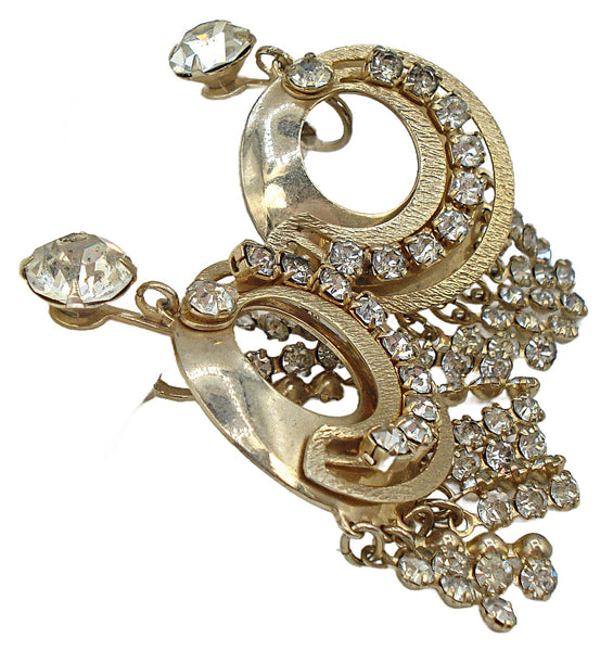 2" Earrings Clip On Gold Tone Crystal Rhinestone Chain 9 Dangles