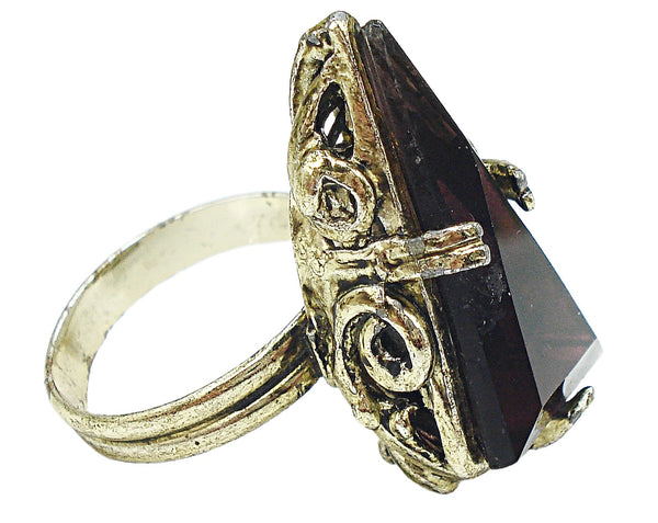 Victorian Revival Ring Gold Tone Large Amethyst Rhinestone