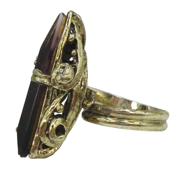 Victorian Revival Ring Gold Tone Large Amethyst Rhinestone