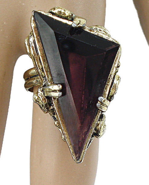 Victorian Revival Ring Gold Tone Large Amethyst Rhinestone