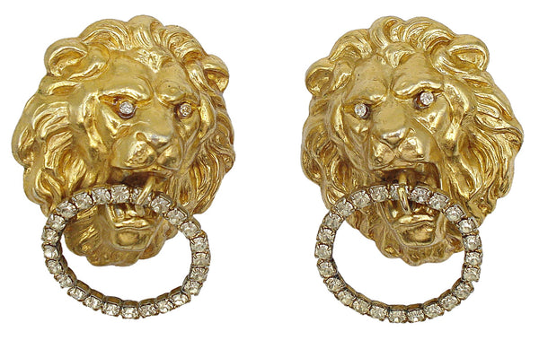 2" Earrings Post Gold Tone Lion Doorknockers Crystal Rhinetone Rings