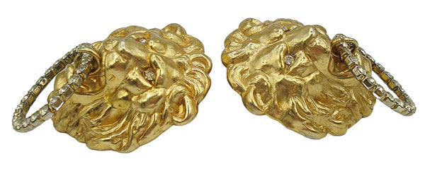 2" Earrings Post Gold Tone Lion Doorknockers Crystal Rhinetone Rings