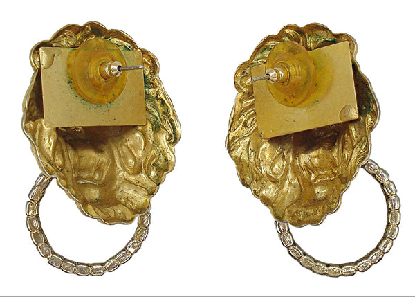 2" Earrings Post Gold Tone Lion Doorknockers Crystal Rhinetone Rings