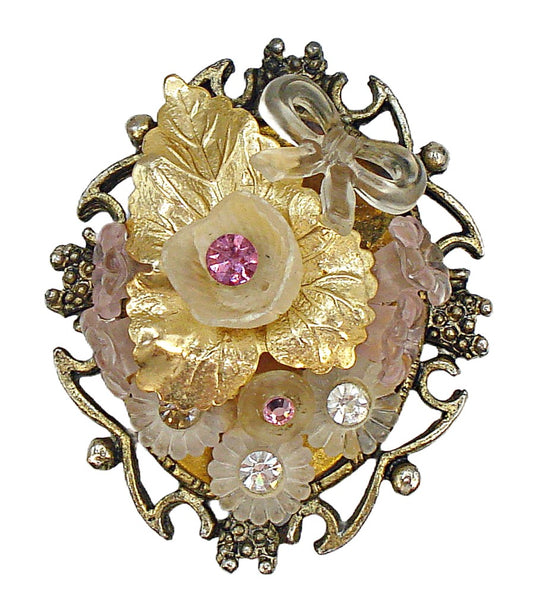 Victorian Revival Brooch Gold Tone Floral Arrangment 2.5"