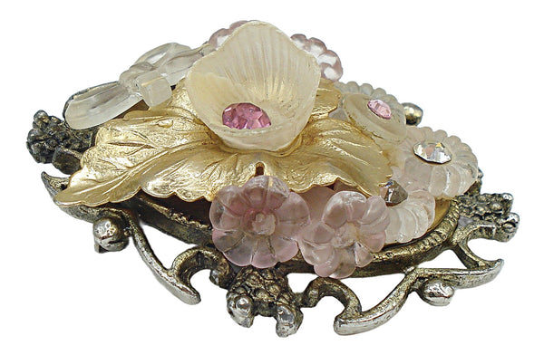 Victorian Revival Brooch Gold Tone Floral Arrangment 2.5"