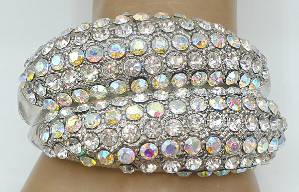 Weighty Clamper Bracelet Silver Tone Crystal, Crystal AB Rhinestone Rows