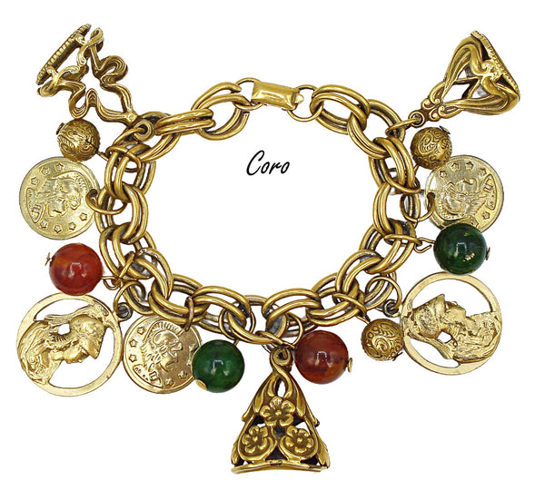Coro Chunky Charm Bracelet FOB Warriors Coins Bead Dangles Gold Tone Double Links