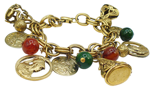 Coro Chunky Charm Bracelet FOB Warriors Coins Bead Dangles Gold Tone Double Links