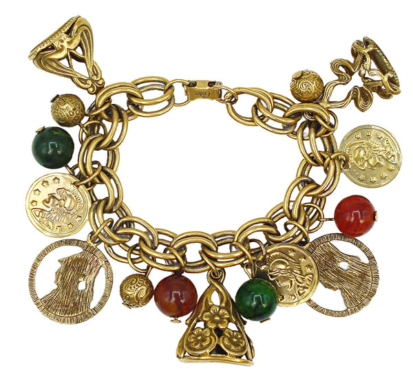 Coro Chunky Charm Bracelet FOB Warriors Coins Bead Dangles Gold Tone Double Links