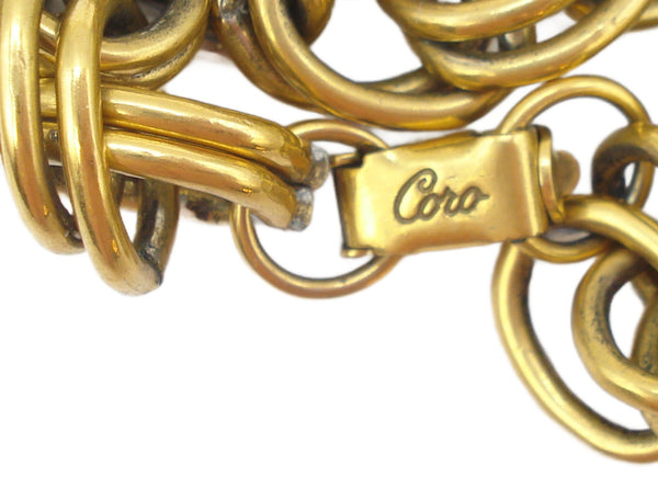 Coro Chunky Charm Bracelet FOB Warriors Coins Bead Dangles Gold Tone Double Links