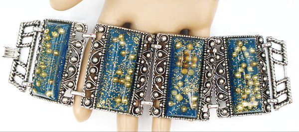 Chunky Bracelet Antq Silver Tone Teal Gold Glitter Golden Pearls Lucite Panels 7.5" x 2"