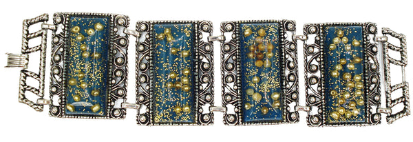 Chunky Bracelet Antq Silver Tone Teal Gold Glitter Golden Pearls Lucite Panels 7.5" x 2"