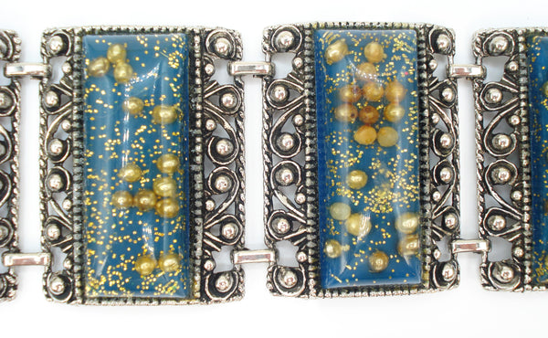 Chunky Bracelet Antq Silver Tone Teal Gold Glitter Golden Pearls Lucite Panels 7.5" x 2"