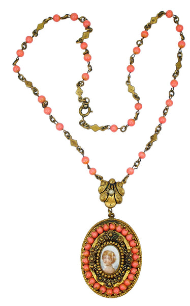 Victorian Revival Antq. Necklace Glass Coral Balls Prong Set Lady Limoges Oval 19" + 2 3/4"