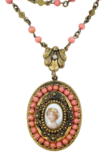 Victorian Revival Antq. Necklace Glass Coral Balls Prong Set Lady Limoges Oval 19" + 2 3/4"