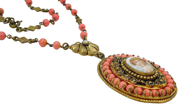 Victorian Revival Antq. Necklace Glass Coral Balls Prong Set Lady Limoges Oval 19" + 2 3/4"