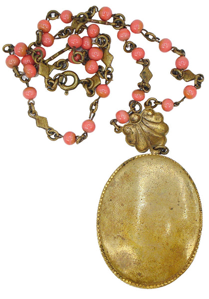 Victorian Revival Antq. Necklace Glass Coral Balls Prong Set Lady Limoges Oval 19" + 2 3/4"